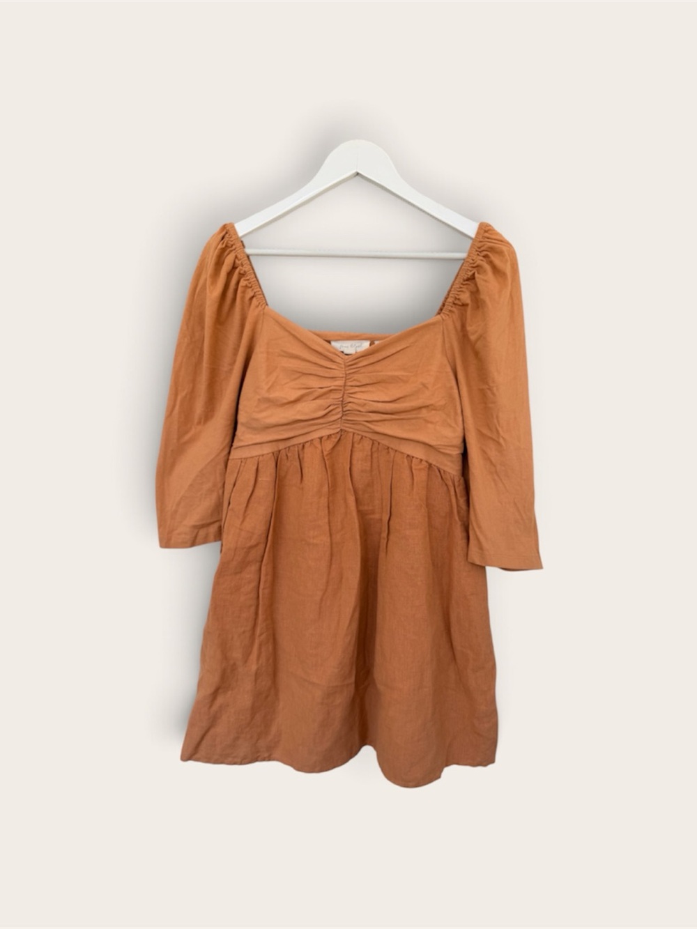 X Anthropologie heavy Linen Puff-Sleeve Midi Dress in Rust Brown